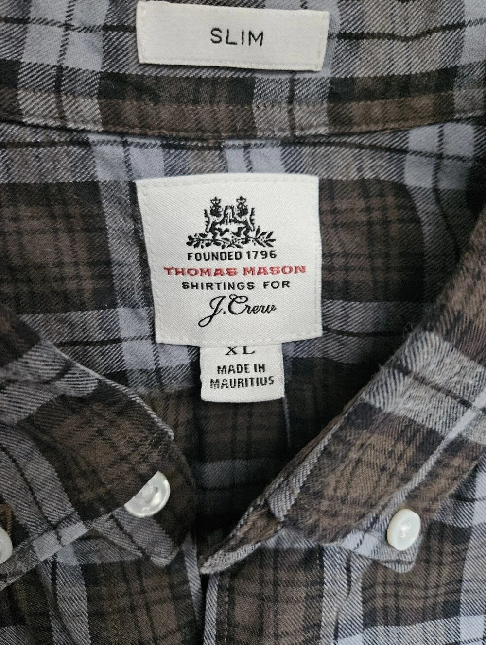 J. CREW x THOMAS MASON Slim Fit Brown Blue Plaid Button Down Shirt | SZ XL